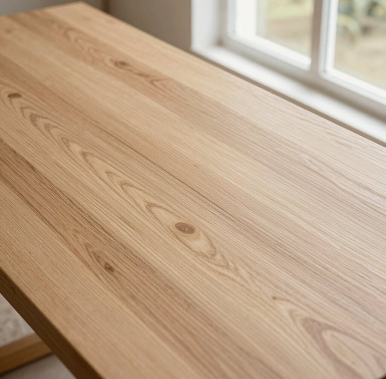 Overhead close-up of premium white oak planks acclimating in a bright room, natural Southern California window light, rich wood grain textures