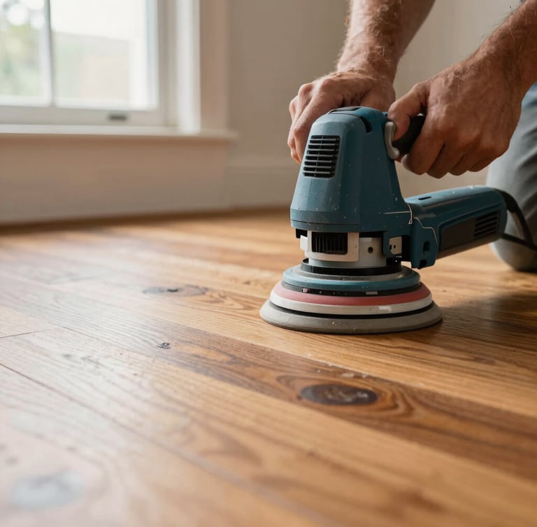 Low-angle close-up of a craftsman using dustless sanding machinery on a historic hardwood floor, rich natural wood tones, bright natural light, 35mm lens.