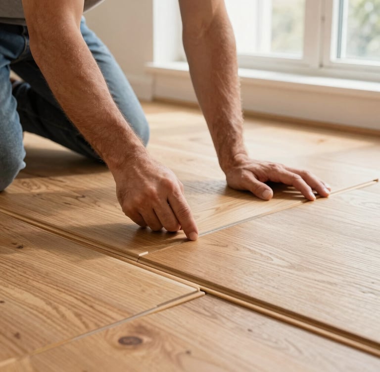 Low-angle floor-level shot of a craftsman installing interlocking hardwood floor joints, natural light highlighting the precise alignment and oak grain