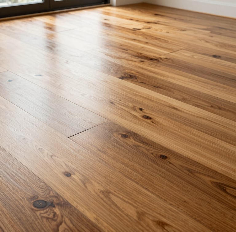 Low-angle floor-level shot of a beautifully finished warm oak hardwood floor reflecting bright Southern California window light, showing precise grain matching and interlocking joints.