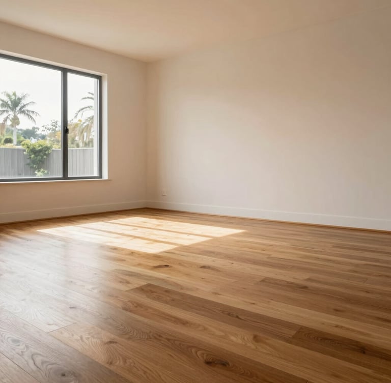 Low-angle architectural shot of a finished living room with warm oak flooring reflecting soft afternoon sunlight, clean minimalist aesthetic.