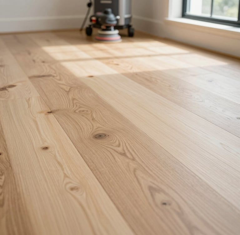 Low-angle architectural shot of a newly refinished white oak floor, warm Southern California afternoon window light highlighting the rich wood grain, dustless sanding equipment subtly visible in the background, 35mm lens.
