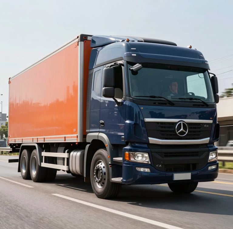 Modern cargo truck driving on a clean urban highway in São Paulo, professional driver in uniform visible, bright daylight, dynamic low-angle, 35mm lens