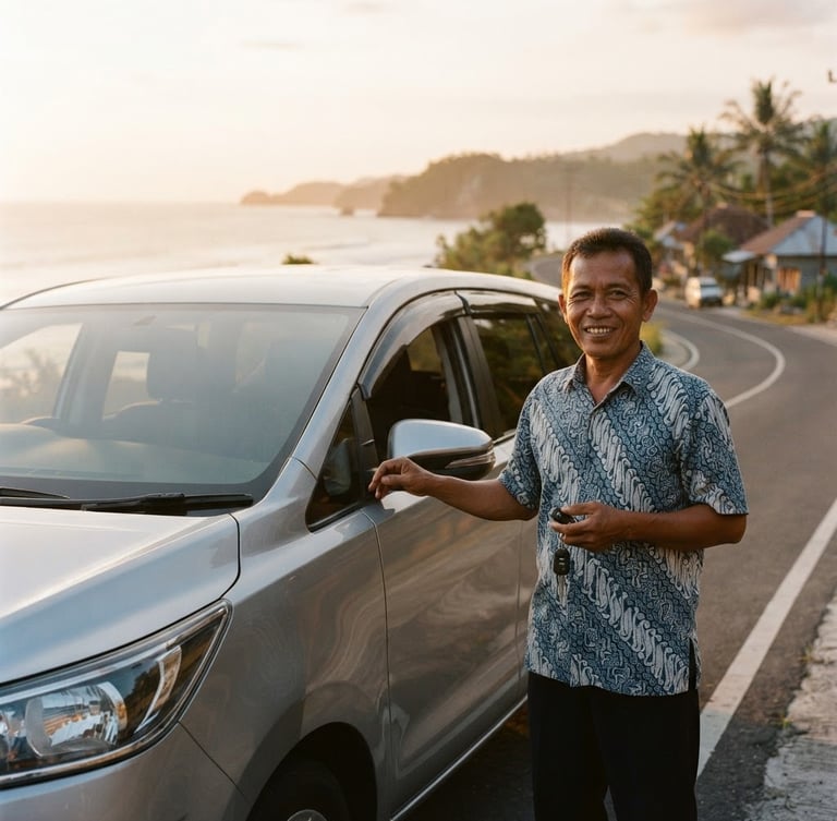 Friendly local driver in Kupang smiling and holding car keys next to a clean modern MPV, bright warm golden hour sunlight, coastal road background, 35mm lens