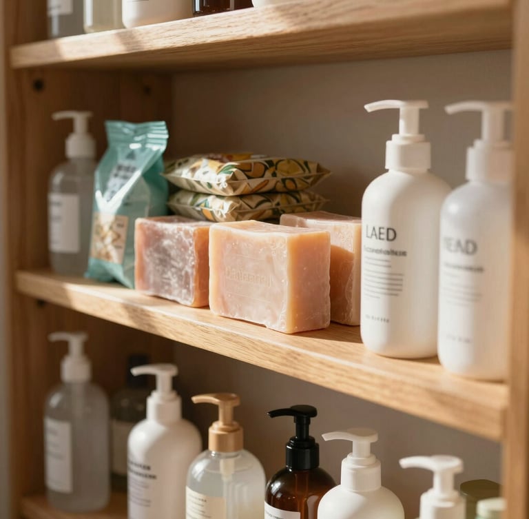 Bright, warm close-up of neatly arranged daily household essentials on wooden shelves, including soaps, packaged groceries, and personal care items, soft morning light filtering in.