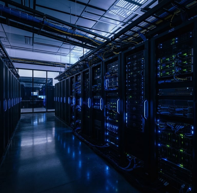Sleek corporate technology photography, low-key cool ambient lighting, sharp electric blue accents, architectural depth of a modern glass server facility, 35mm lens.