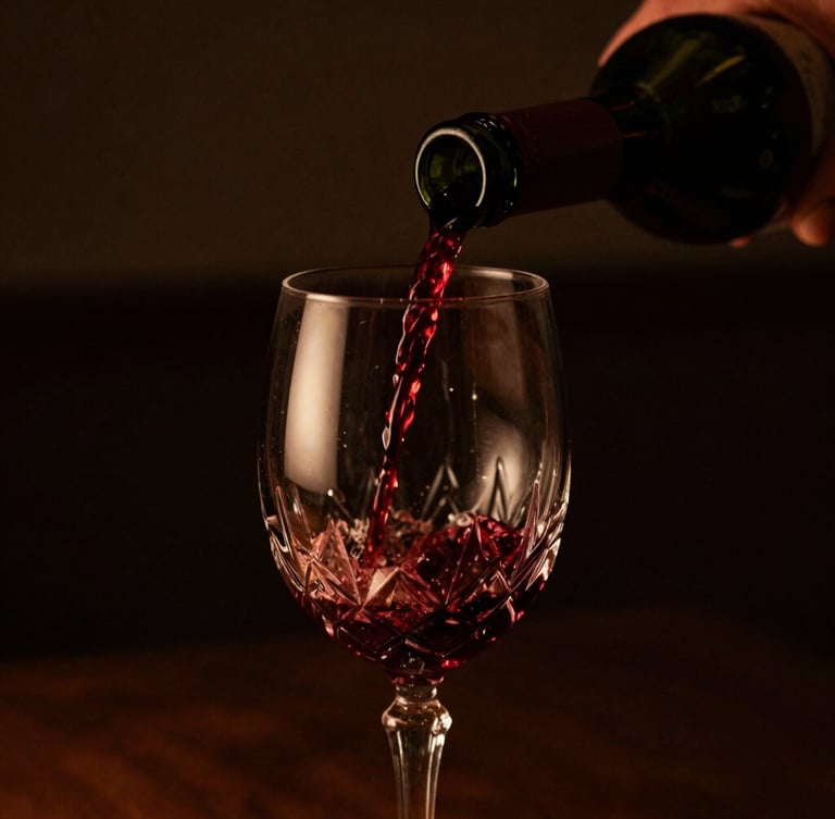 Close-up of a hand pouring rich red wine into a crystal glass, low-key directional lighting, warm amber highlights, dark background, shallow depth of field