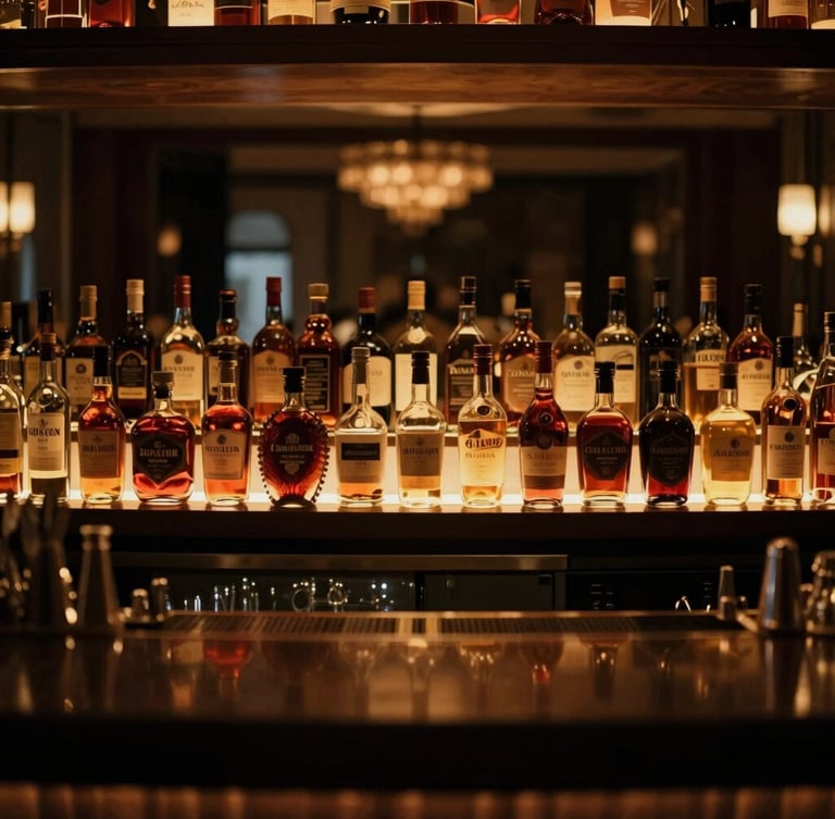 Wide environmental shot of an elegant backbar display in a luxurious Jakarta hotel lounge, rows of premium spirits reflecting warm amber light, shallow depth of field.