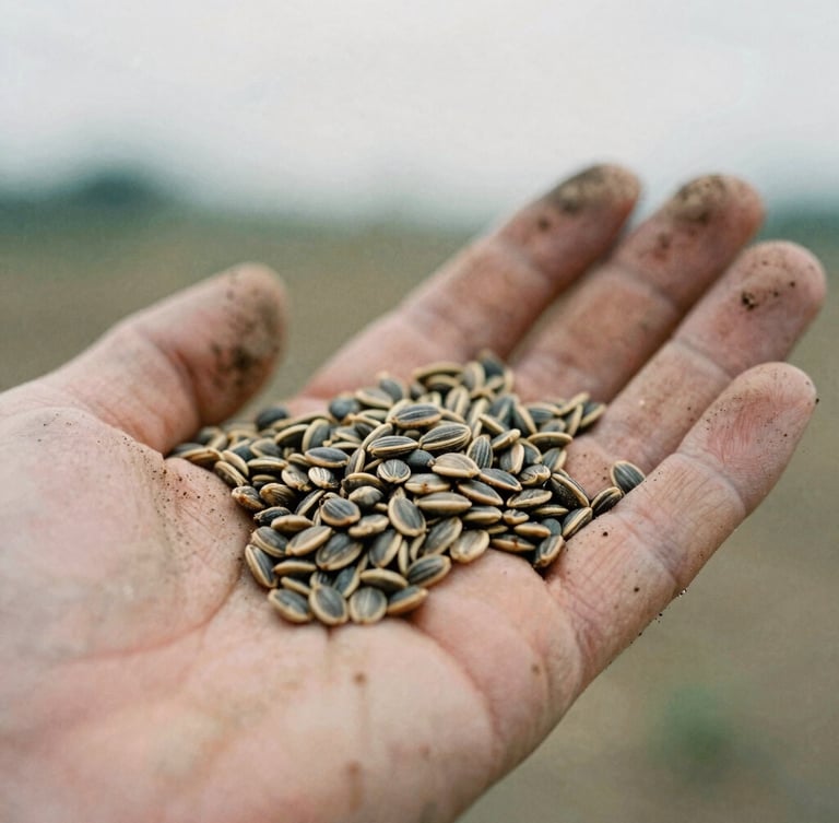 Macro photograph of raw heirloom seeds held in soil-stained hands, natural overcast daylight, earthy muted tones, highly detailed 35mm film grain.