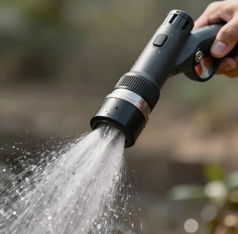 Close-up of a modern high-pressure hydro-jetting nozzle with water spraying in a controlled pattern, professional utility lighting, sharp focus on technical gear.