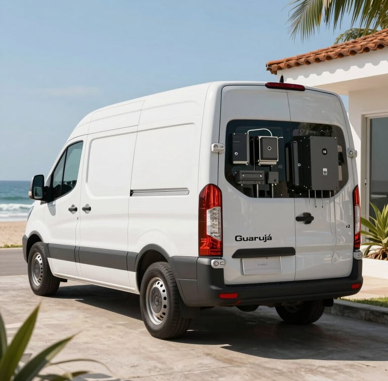 Bright daylight shot of a modern clean service van parked outside a coastal property in Guarujá, high-tech tools visible in the back.