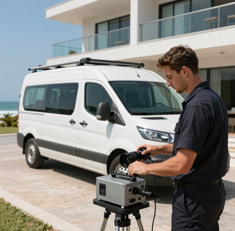 A clean service van parked outside a modern coastal villa in Guaruja, bright daylight, professional technician in uniform preparing high-tech equipment, sharp focus.