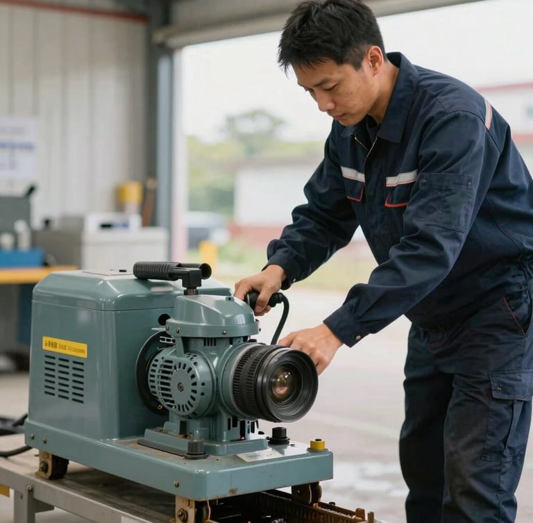 Professional technician in clean navy uniform operating a motorized drain cleaning machine, focused daylight lighting, tidy work area.
