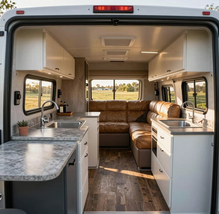 A detailed, crisp shot of the trailer's interior kitchen and living area, showcasing the immaculate condition of the countertops, leather seating, and pristine cabinets, natural daylight streaming through the window, 35mm.