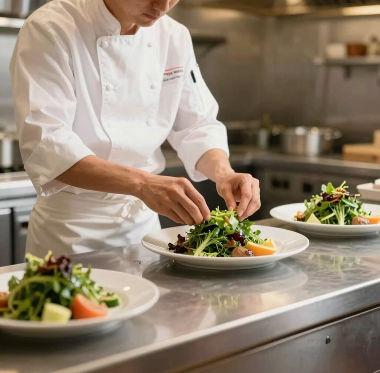 Brightly lit, clean commercial restaurant kitchen with stainless steel counters, where a professional chef in a clean white uniform is precisely plating fresh greens.