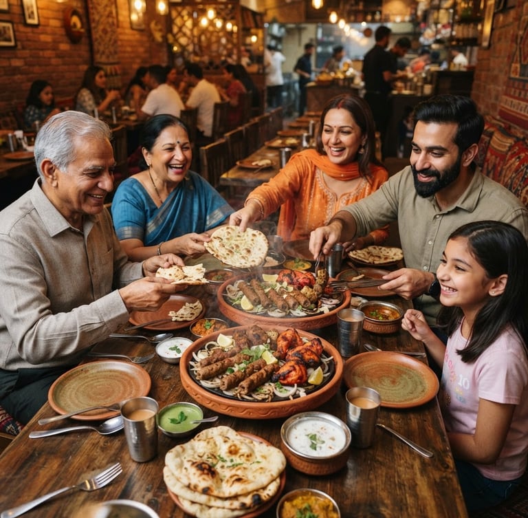 A high-angle portrait of a family sharing large terracotta platters of steaming kebabs and butter naan in a warm, brightly lit restaurant interior.
