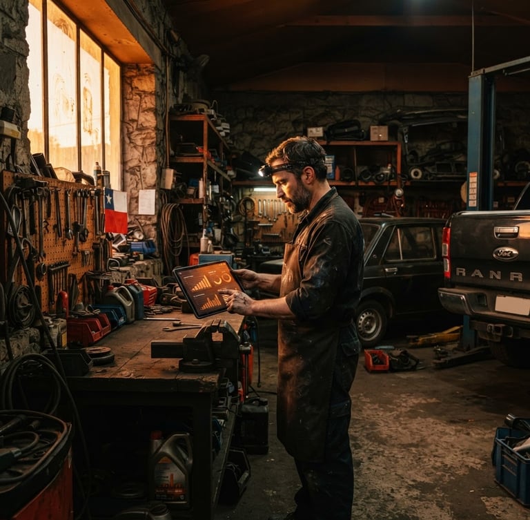 Wide shot of a small Chilean automotive workshop interior at golden hour, a mechanic reviewing a digital tablet showing growth charts, warm orange light filtering through, high contrast.