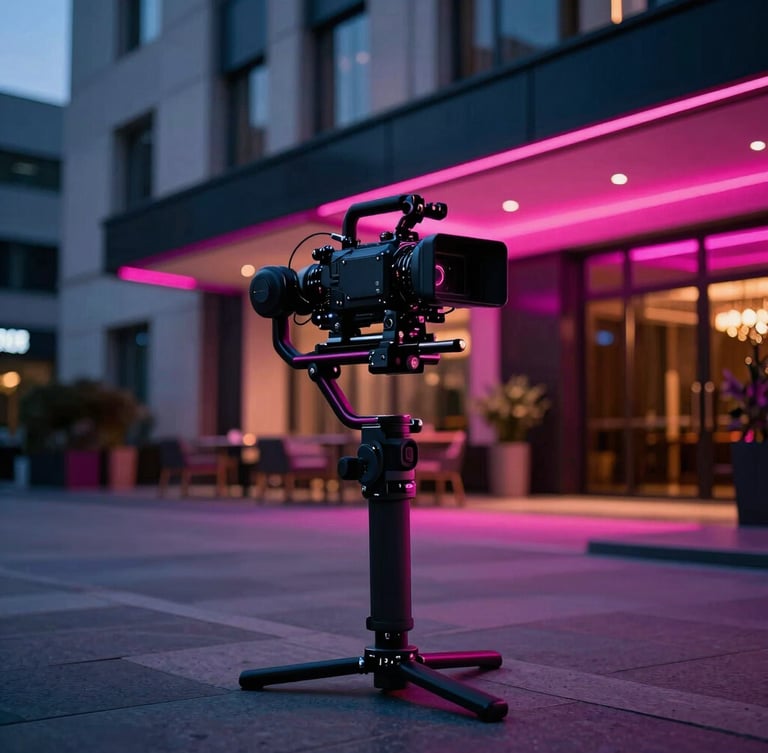 Cinematic shot of a professional camera rig on a stabilizer, filming a luxury hotel lobby at dusk, neon accents, high contrast, 35mm