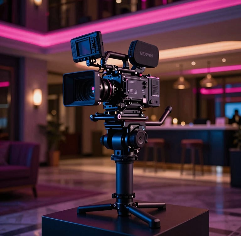 Cinematic editorial photography of a professional cinema camera on a stabilizer inside a luxury hotel lobby, dramatic low-key lighting, neon fuchsia accents, high contrast, 35mm