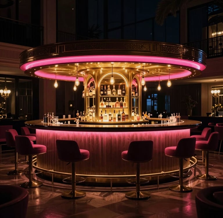 Cinematic editorial photography of a luxury hotel lobby bar at night, warm gold and neon fuchsia accents, dramatic low-key lighting, high contrast, 35mm