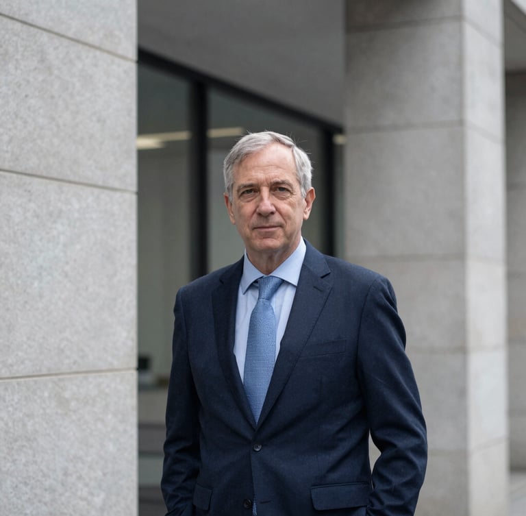 Environmental portrait of a senior financial advisor in a modern London office, cool overcast daylight, navy and slate gray tones, architectural framing, 35mm