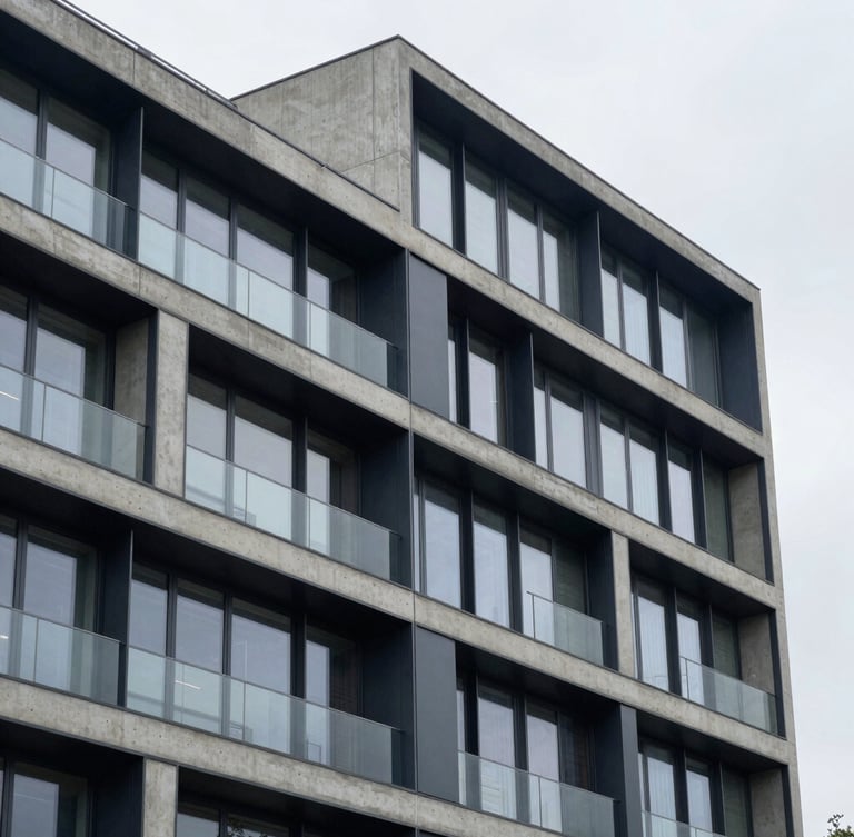 A sharp architectural crop of a modern concrete and steel building facade, cool overcast daylight, navy and slate gray tones, sharp focus, 35mm