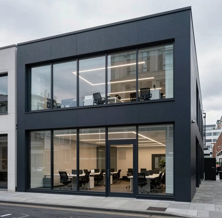 Professional editorial photography of a modern clean office environment in London, cool overcast daylight, architectural framing, sharp focus, 35mm