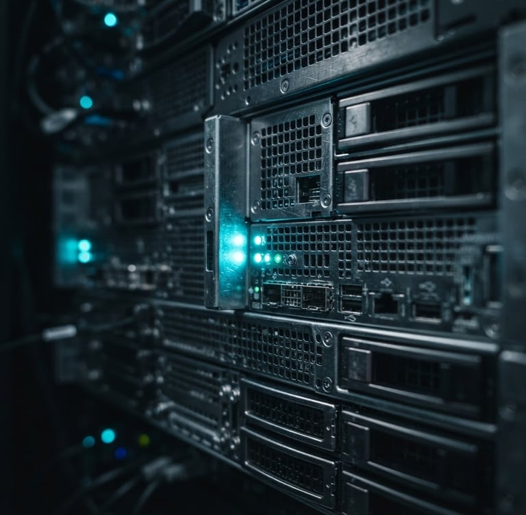 Macro photography of physical server rack units, brushed metal textures, cool-toned low-key studio lighting, sharp directional highlights, desaturated slate and electric cyan, macro lens