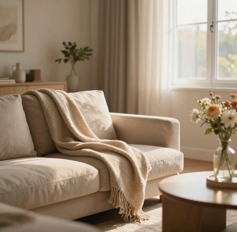 Warm editorial photograph of a sunlit residential living room with comfortable, modern furnishings, a soft blanket draped over a chair, and a vase of fresh flowers, shallow depth of field.