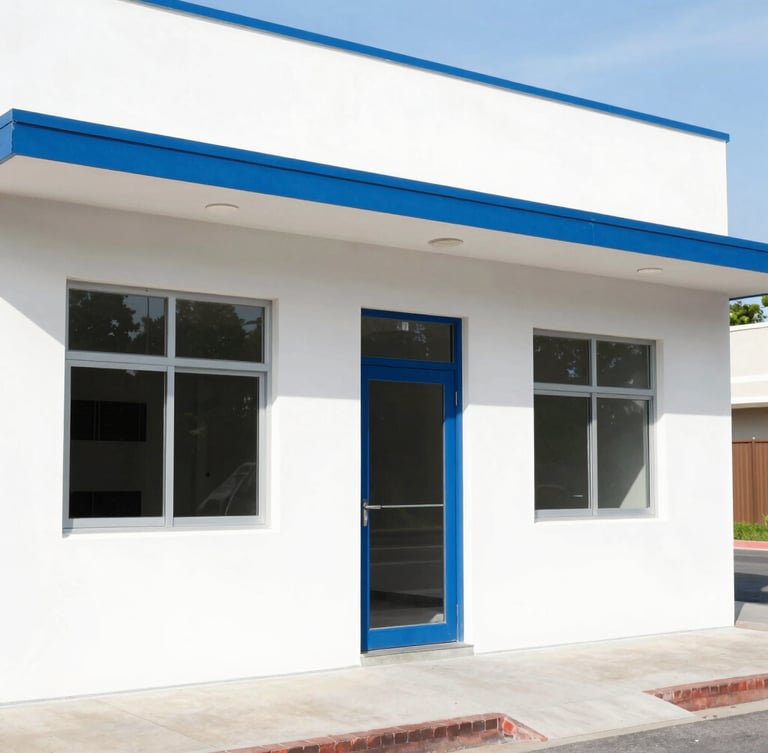 Crisp commercial shot of a clean property exterior, bright natural daylight, royal blue accents, sharp focus, 35mm.