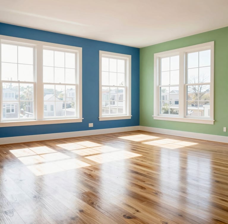 Bright high-key commercial photography, pristine modern living room with sparkling clean hardwood floors, natural daylight streaming through large windows, 35mm