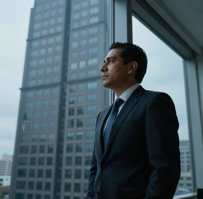 Close-up of a sharp-suited Mexican lawyer looking out of a high-rise office window in Monterrey, dramatic low-key lighting, cool steel blue tones, professional 35mm photography