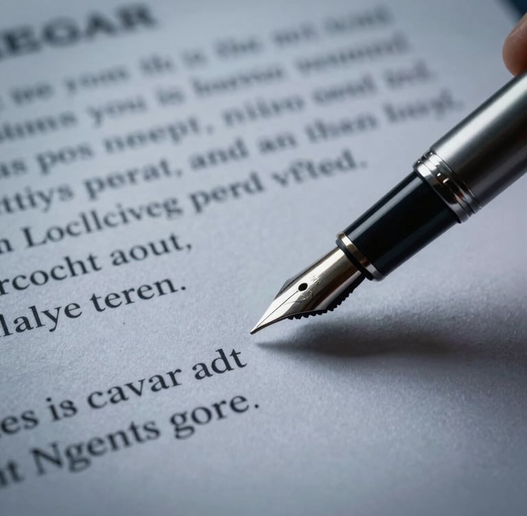 Macro shot of a fountain pen signing a complex legal deed on textured heavy paper, sharp focus on the nib, dramatic low-key lighting, cool graphite tones