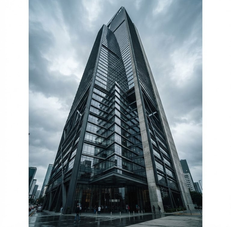 Low angle dramatic shot of modern corporate steel and glass skyscraper in Monterrey, cool overcast daylight reflecting off the facade, sharp high-contrast lighting, 35mm