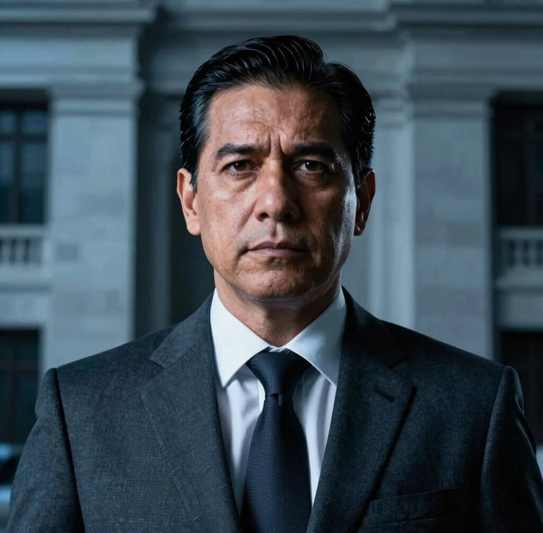 Powerful close-up portrait of an authoritative Mexican attorney in a sharp dark suit looking forward, dramatic high-contrast studio lighting, cool steel blue tones, 35mm