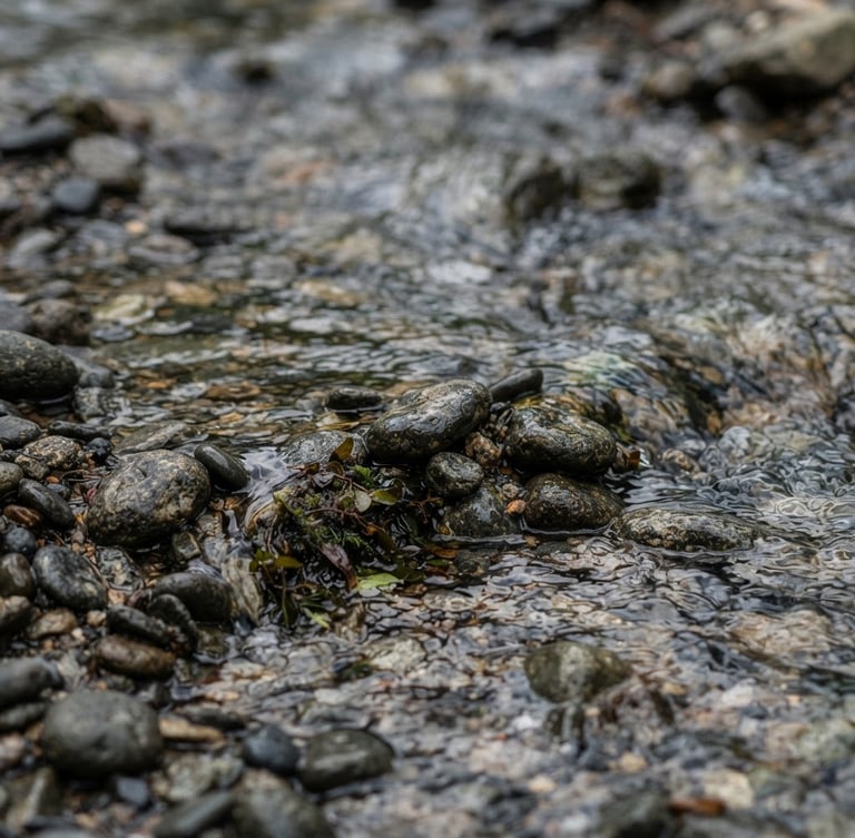 Macro photography of a clean Brazilian stream bed, crystal clear water flowing over smooth dark pebbles, natural overcast daylight, high detail, shallow depth of field