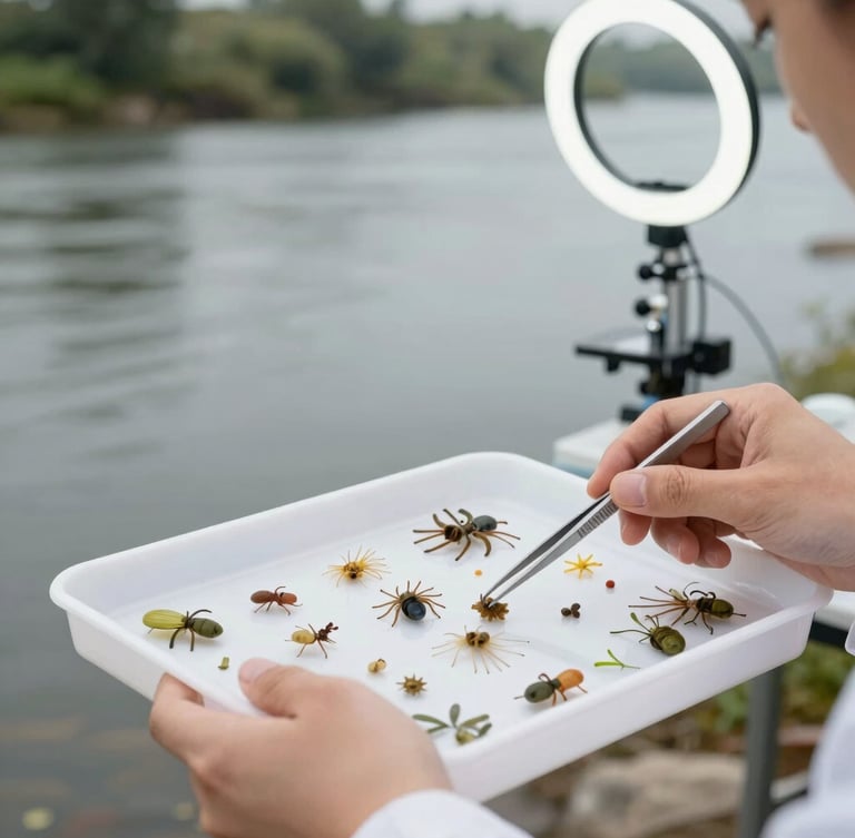 Hands of a field researcher sorting aquatic macroinvertebrates on a white tray with tweezers, natural overcast daylight, river background
