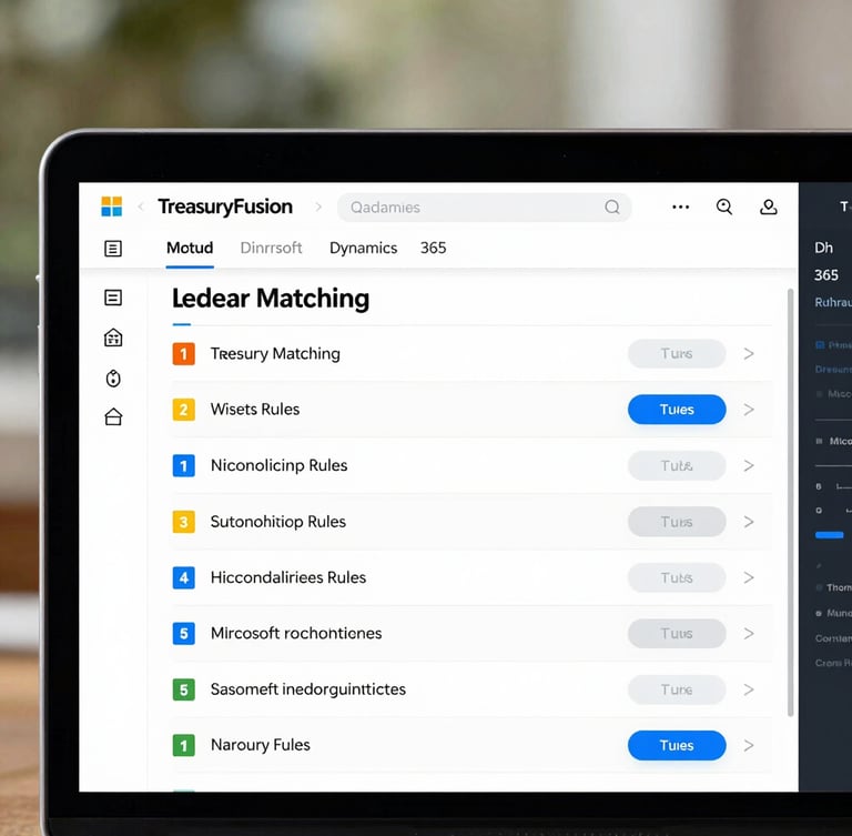 A high-fidelity clean UI mockup of TreasuryFusion ledger matching screen nested inside Microsoft Dynamics 365, showing automated reconciliation rules, cool natural daylight, macro crop.