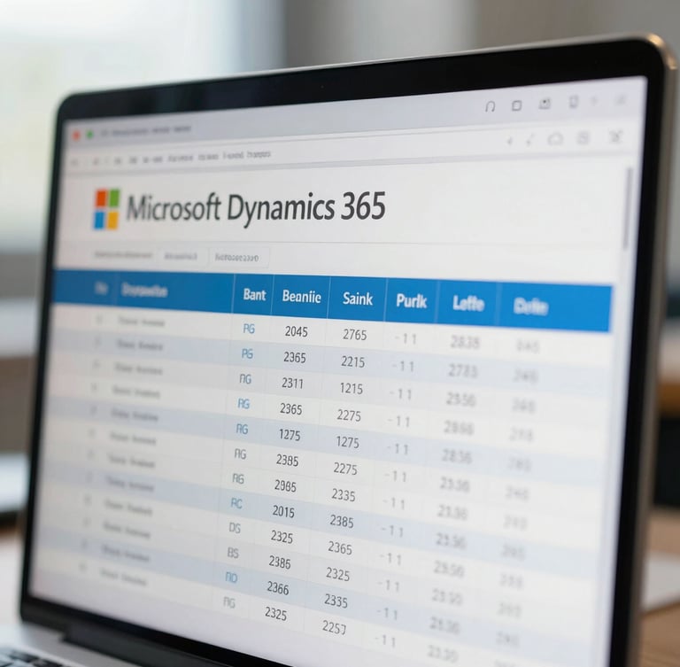 High-fidelity macro crop of Microsoft Dynamics 365 interface showing nested bank reconciliation ledger, crisp technical UI, cool natural office daylight.