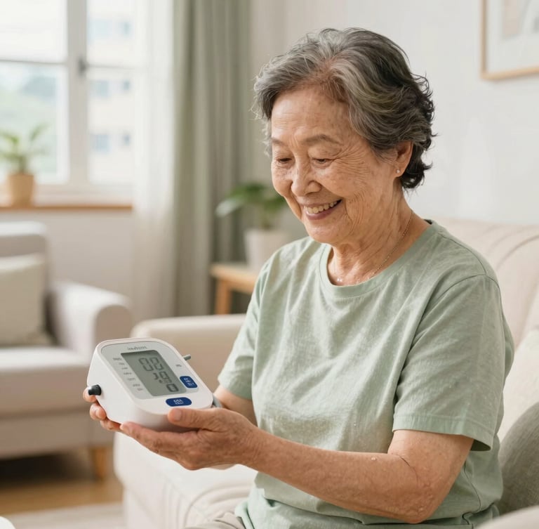 A happy Hong Kong senior grandmother in a bright, sunlit public housing apartment, proudly showing a compact, modern blood pressure monitor, warm editorial style, shallow depth of field