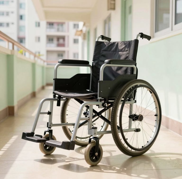 A close-up of a modern, sleek electric wheelchair parked in a bright, sunlit corridor of a Hong Kong public housing estate, warm natural daylight reflecting on the polished floor, dignified and high-contrast.