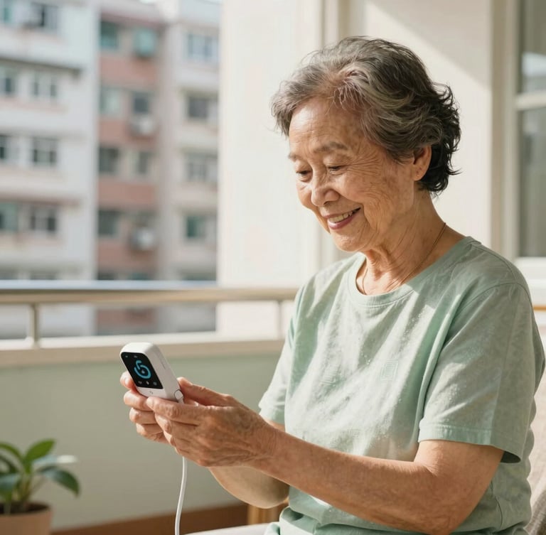 A bright, warm editorial photograph of a dignified Hong Kong grandmother in a sunlit public housing apartment, smiling as she looks at an intuitive smart health monitor, soft green and gold tones.