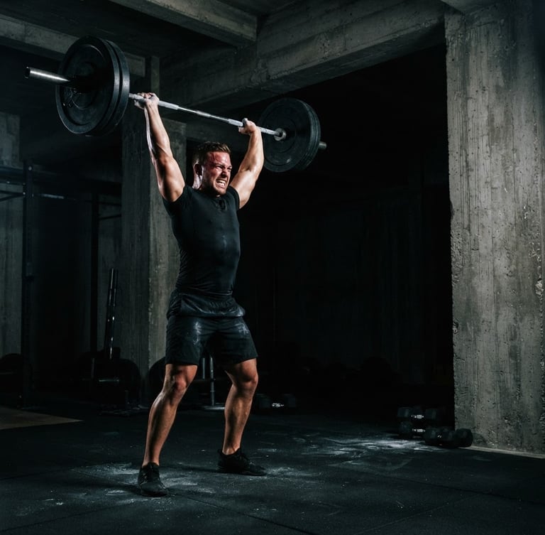 Athlete in a brutalist gym, mid-intense workout, sharp rim lighting highlighting muscular definition, matte black apparel, cinematic 35mm, wide shot bleeding to the right edge.