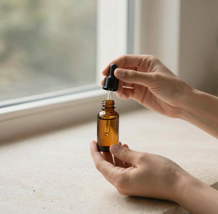 Hands holding an elegant amber tincture dropper over a clean stone countertop, warm natural window light, soft sage and sand tones, shallow depth of field