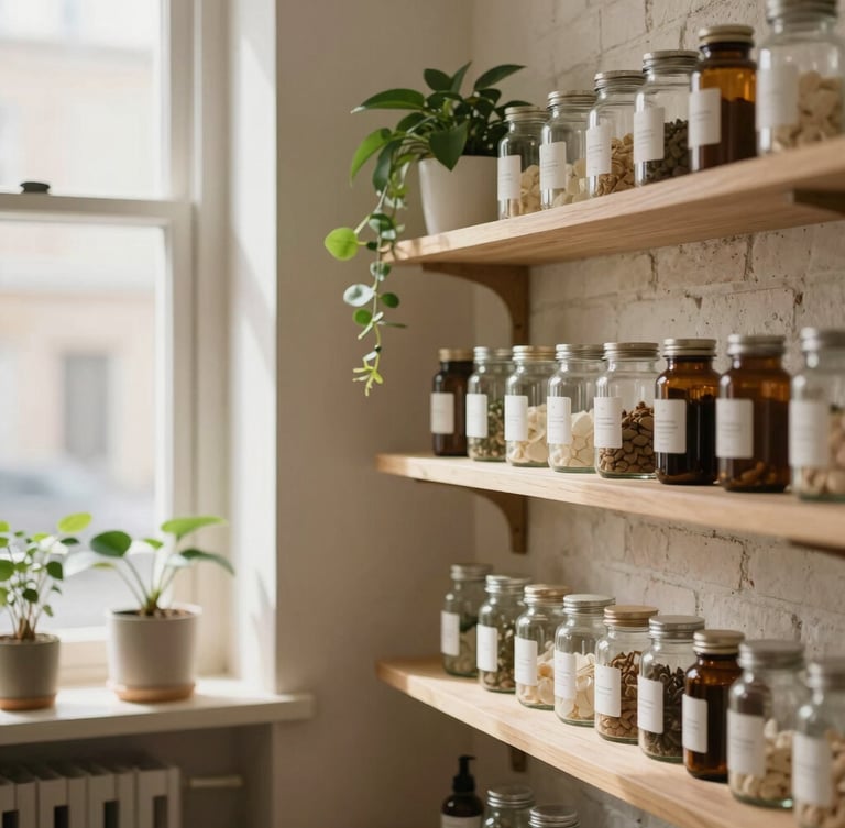 A warm, sunlit interior of a minimalist apothecary with historic brick walls, green botanical plants, and clean glass jars on wooden shelves, soft window light.