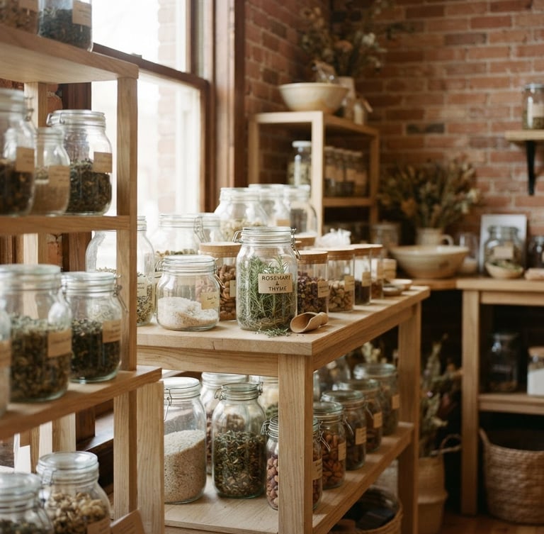 Warm sunlit boutique interior with exposed brick, clean glass jars on white oak shelves, soft shadows, 35mm photography