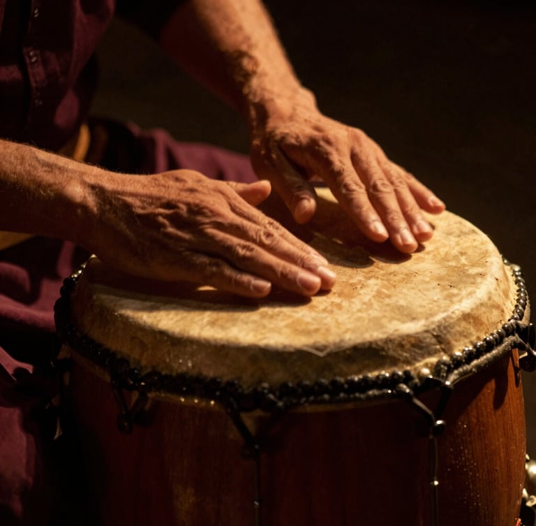 Dramatic cinematic close-up of hands striking a traditional wooden Duff drum, low-key warm stage lighting, deep shadows, gold dust catching the light, shallow depth of field