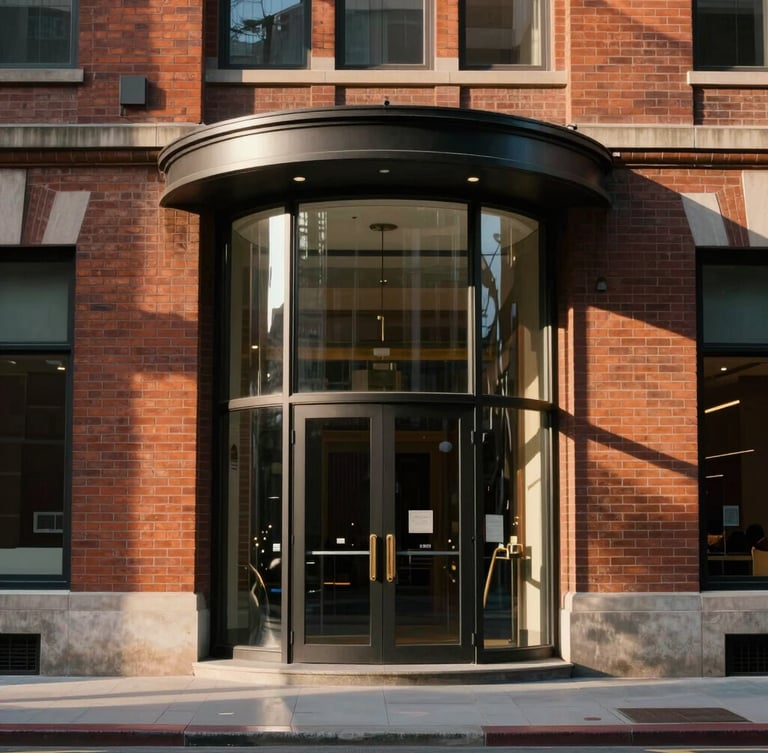 Straight-on architectural elevation of the Ledger Building entrance, showing fluted glass, original brickwork, and warm afternoon light casting graphic shadows.
