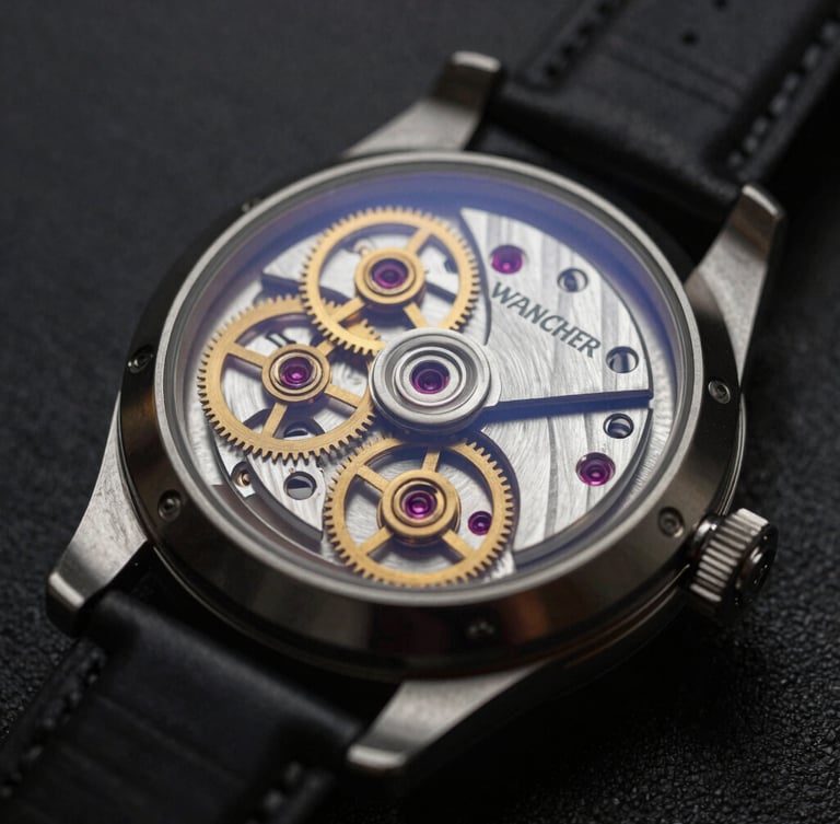 Macro view of Wancher watch mechanical movement, brass gears and ruby jewels visible through sapphire crystal caseback, soft directional lighting, dark moody tones