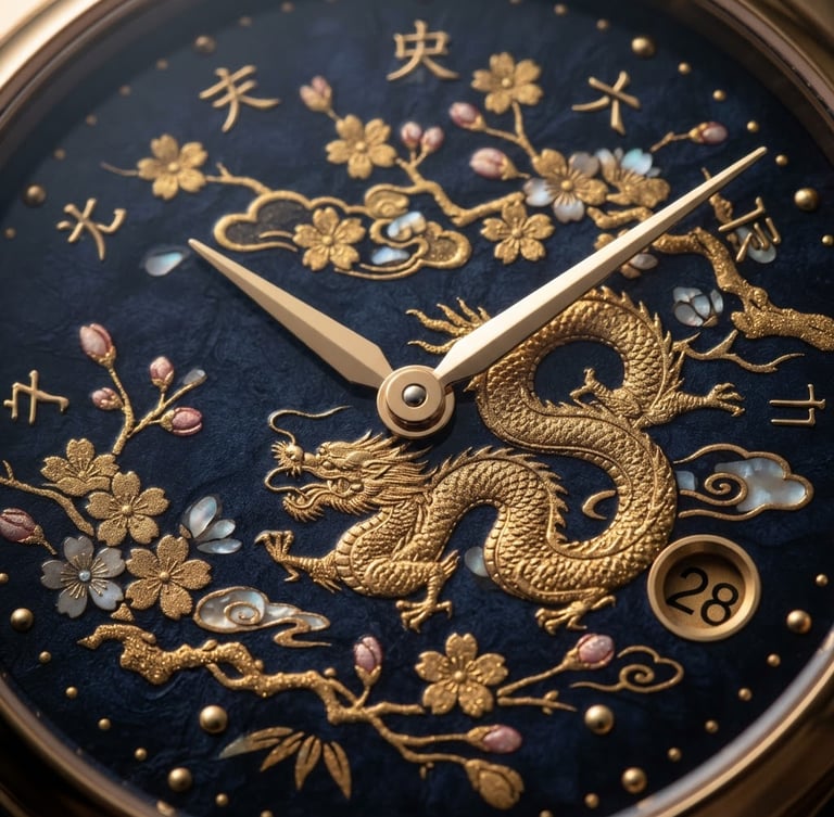 Macro shot of a Wancher watch dial with intricate gold Maki-e detailing on a deep indigo background, soft side lighting, premium feel